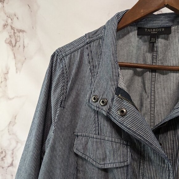 Talbots Jacket Womens 14W 1X Blue Striped Zip Nautical Casual Cotton Safari - Picture 2 of 13